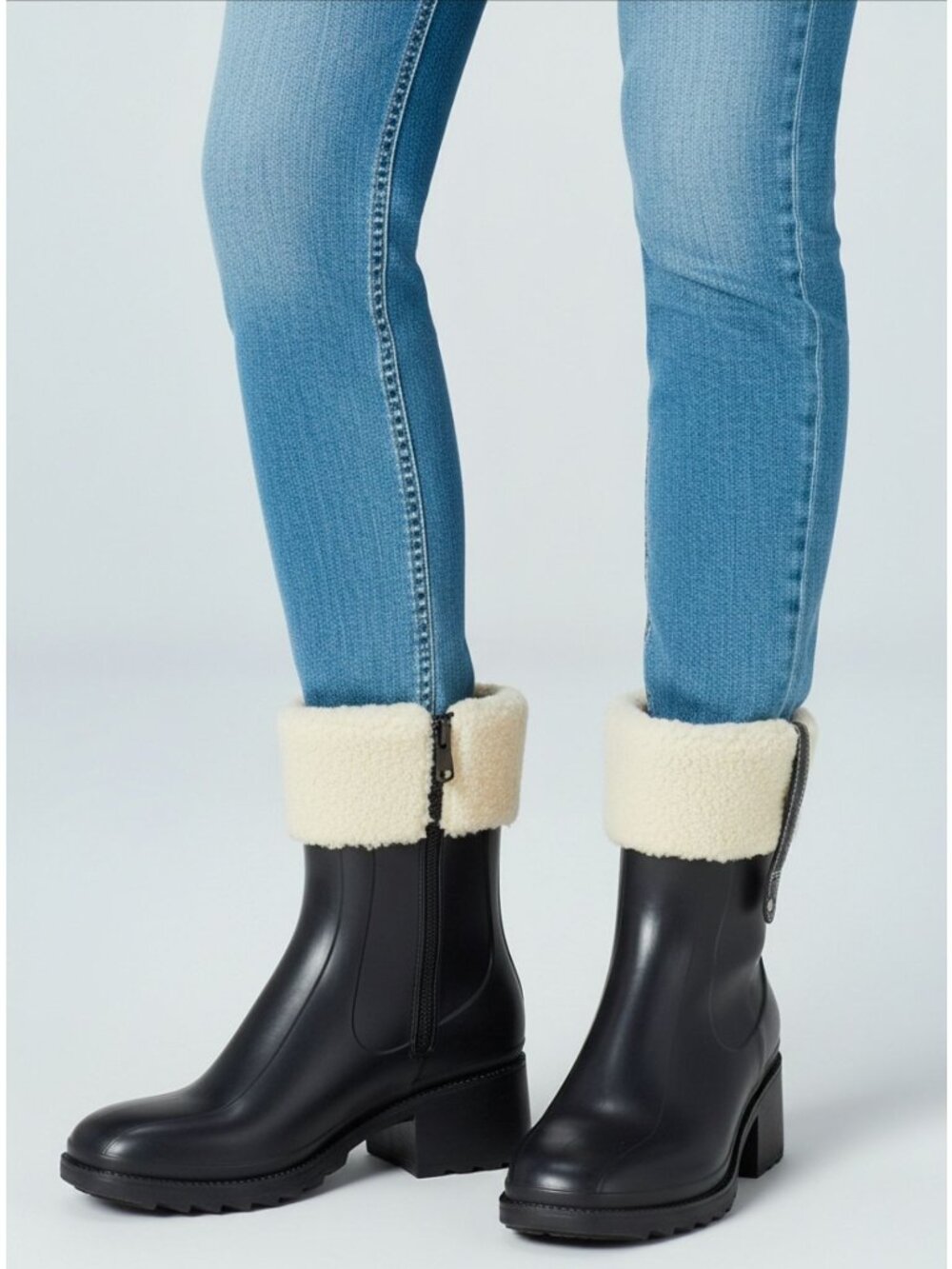 Black Faux Leather Ankle Boots With Shearling Trim & Side Zippers For Women